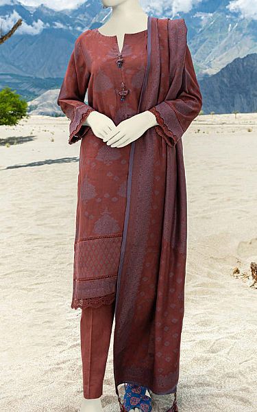 Junaid Jamshed Rust Jacquard Suit | Pakistani Winter Dresses- Image 1
