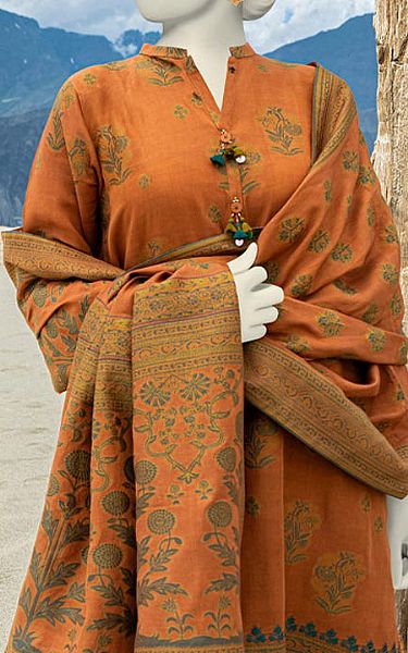Junaid Jamshed Orange Jacquard Suit | Pakistani Winter Dresses- Image 2