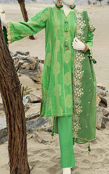 Junaid Jamshed Parrot Green Jacquard Suit | Pakistani Winter Dresses- Image 1