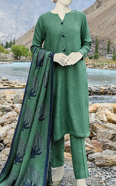 Junaid Jamshed Viridian Green Acrylic Suit | Pakistani Winter Dresses- Image 1