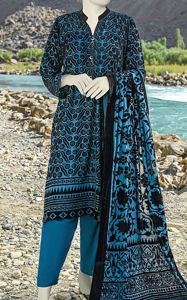 Junaid Jamshed Teal Blue Palachi Suit | Pakistani Winter Dresses- Image 1