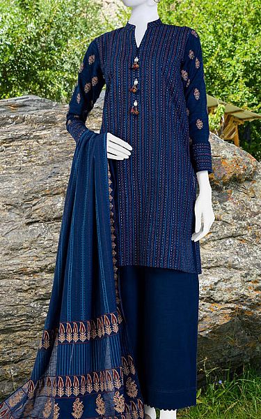 Junaid Jamshed Navy Blue Khaddar Suit | Pakistani Winter Dresses- Image 1
