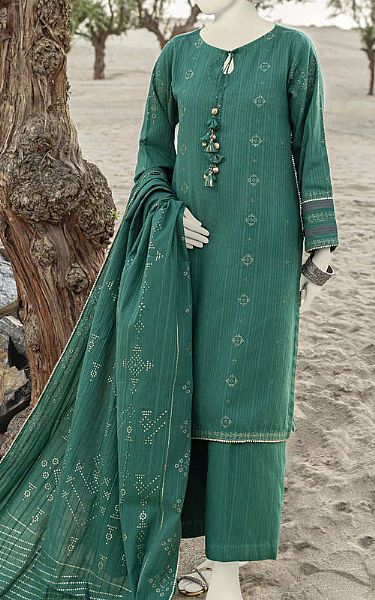 Junaid Jamshed Emerald Textured Suit | Pakistani Winter Dresses- Image 1