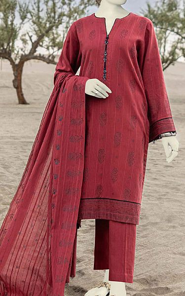 Junaid Jamshed Auburn Red Textured Suit | Pakistani Winter Dresses- Image 1