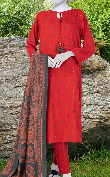Junaid Jamshed Ruby Red Viscose Suit | Pakistani Winter Dresses- Image 1