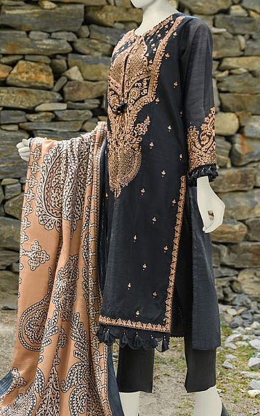 Junaid Jamshed Black Net Suit | Pakistani Embroidered Chiffon Dresses- Image 1