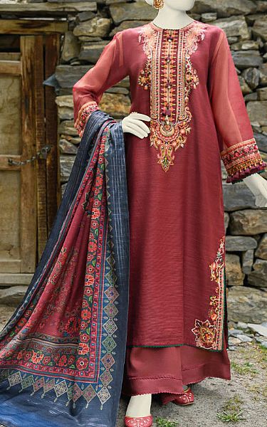 Junaid Jamshed Auburn Red Net Suit | Pakistani Embroidered Chiffon Dresses- Image 1
