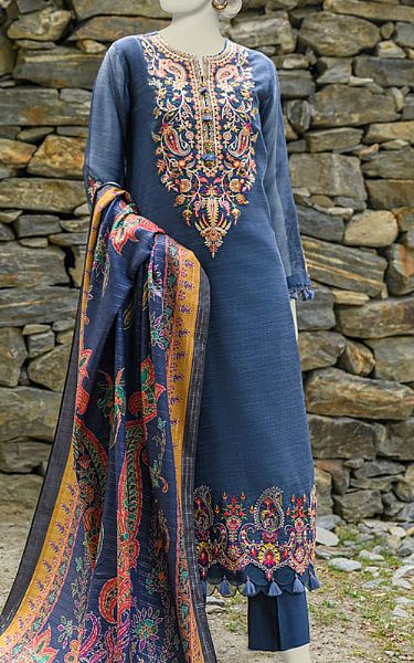 Junaid Jamshed Blue Net Suit | Pakistani Embroidered Chiffon Dresses- Image 1
