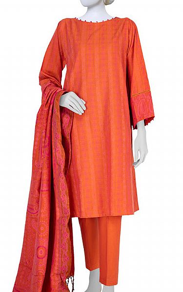 Junaid Jamshed Orange Jacquard Suit | Pakistani Winter Dresses- Image 1