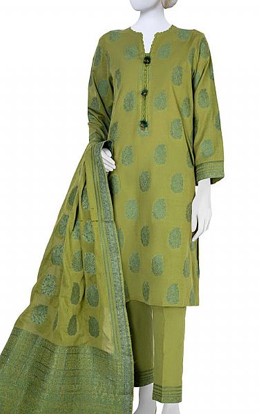 Junaid Jamshed Olive Green Jacquard Suit | Pakistani Winter Dresses- Image 1