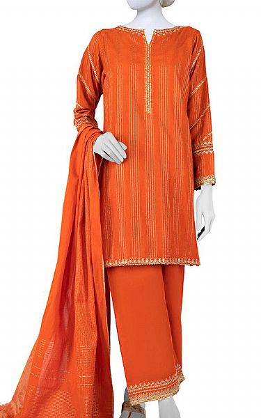 Junaid Jamshed Bright Orange Striped Suit | Pakistani Winter Dresses- Image 1