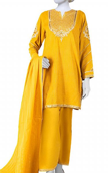 Junaid Jamshed Golden Yellow Striped Suit | Pakistani Winter Dresses- Image 1