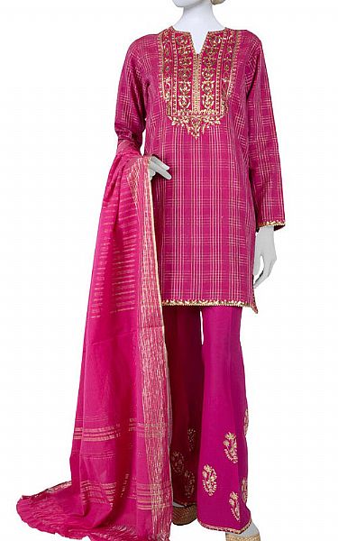 Junaid Jamshed Hot Pink Striped Suit | Pakistani Winter Dresses- Image 1