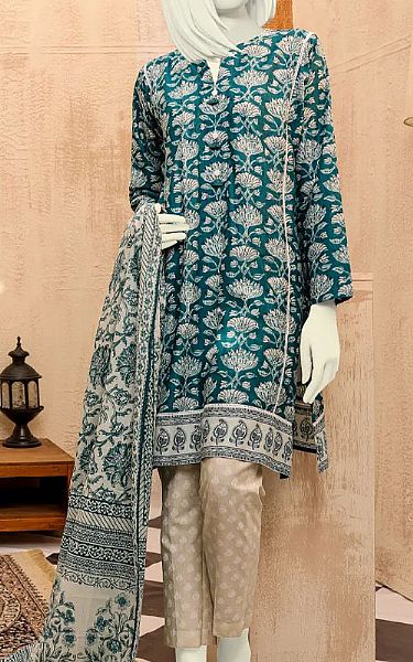 Junaid Jamshed Teal Blue Lawn Suit | Pakistani Dresses in USA- Image 1