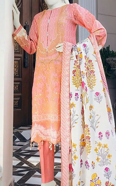 Junaid Jamshed Salmon Pink Lawn Suit | Pakistani Dresses in USA- Image 1