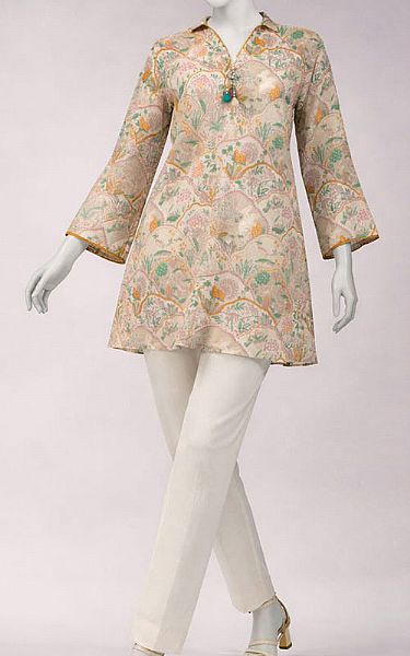 Junaid Jamshed Ivory/Green Lawn Kurti | Pakistani Lawn Dress in USA- Image 1