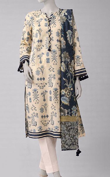 Junaid Jamshed Cream Lawn Suit (2 Pcs) | Pakistani Lawn Dress in USA- Image 1