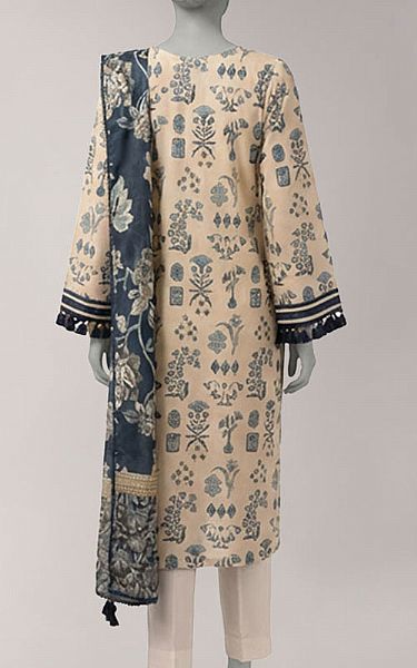 Junaid Jamshed Cream Lawn Suit (2 Pcs) | Pakistani Lawn Dress in USA- Image 2