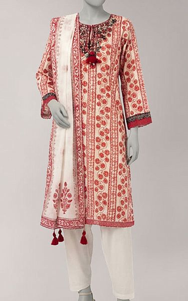 Junaid Jamshed Ivory/Red Lawn Suit (2 Pcs) | Pakistani Lawn Dress in USA- Image 1