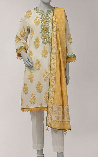 Junaid Jamshed Ivory/Yellow Lawn Suit (2 Pcs) | Pakistani Lawn Dress in USA- Image 1