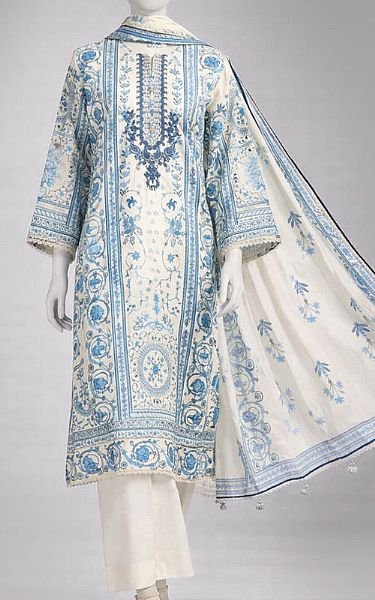 Junaid Jamshed White/Blue Lawn Suit (2 Pcs) | Pakistani Lawn Dress in USA- Image 1