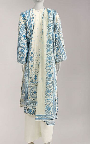 Junaid Jamshed White/Blue Lawn Suit (2 Pcs) | Pakistani Lawn Dress in USA- Image 2