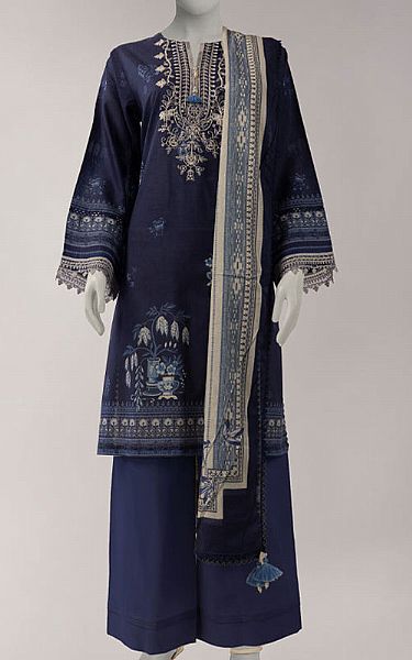 Junaid Jamshed Navy Blue Lawn Suit (2 Pcs) | Pakistani Lawn Dress in USA- Image 1