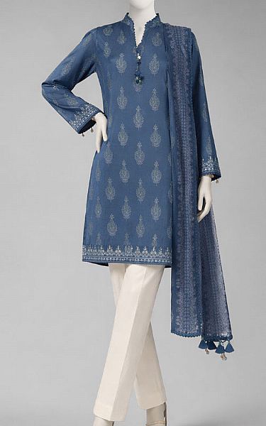 Junaid Jamshed Denim Blue Lawn Suit (2 Pcs) | Pakistani Lawn Dress in USA- Image 1
