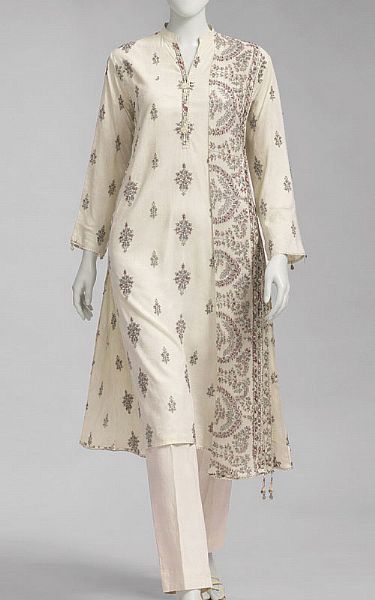 Junaid Jamshed Cream Lawn Suit (2 Pcs) | Pakistani Lawn Dress in USA- Image 1