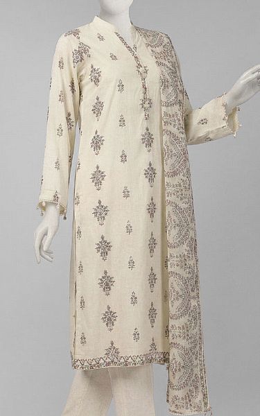 Junaid Jamshed Cream Lawn Suit (2 Pcs) | Pakistani Lawn Dress in USA- Image 2