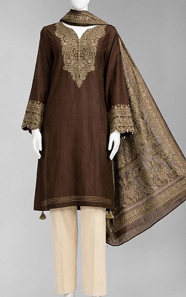 Junaid Jamshed Brown Jacquard Suit (2 Pcs) | Pakistani Lawn Dress in USA- Image 1
