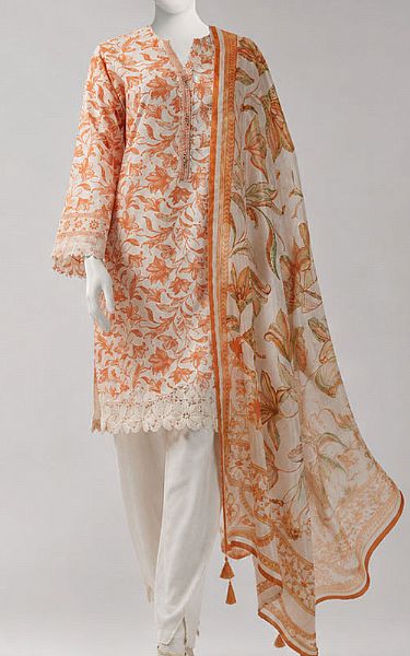 Junaid Jamshed Ivory/Orange Lawn Suit | Pakistani Lawn Dress in USA- Image 1