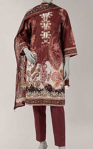 Junaid Jamshed Maroon Lawn Suit | Pakistani Lawn Dress in USA- Image 1