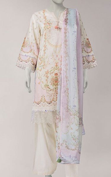 Junaid Jamshed Off-white Lawn Suit | Pakistani Lawn Dress in USA- Image 1