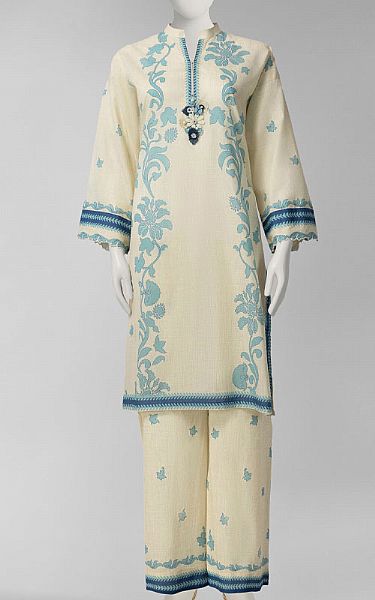 Junaid Jamshed Cream Lawn Suit (2 Pcs) | Pakistani Lawn Dress in USA- Image 1