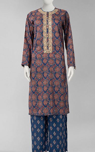 Junaid Jamshed Rust/Blue Lawn Suit (2 Pcs) | Pakistani Lawn Dress in USA- Image 1