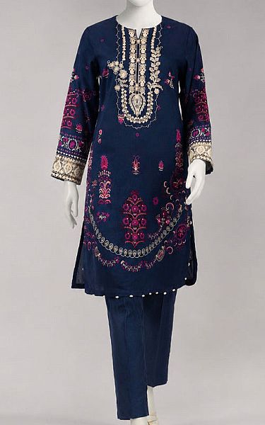 Junaid Jamshed Navy Blue Lawn Suit (2 Pcs) | Pakistani Lawn Dress in USA- Image 1