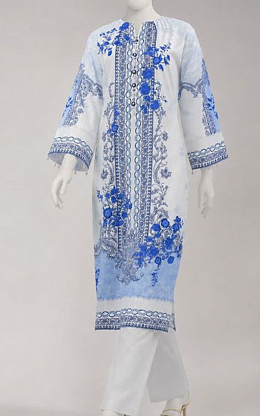Junaid Jamshed White/Blue Lawn Kurti | Pakistani Lawn Dress in USA- Image 1