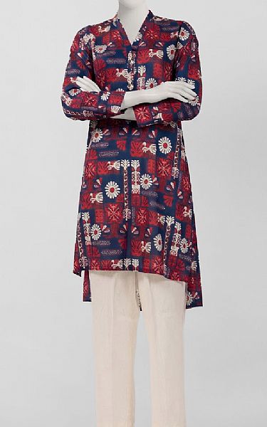Junaid Jamshed Wine/Blue Lawn Kurti | Pakistani Lawn Dress in USA- Image 1