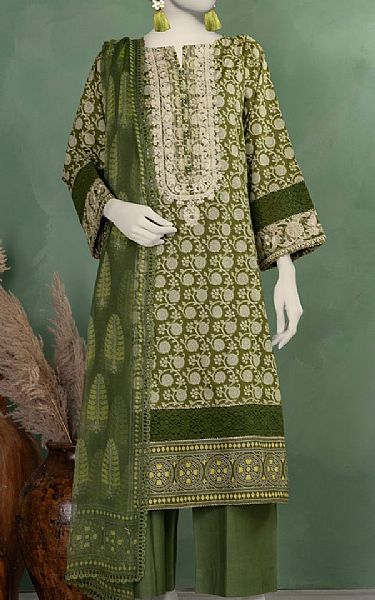 Junaid Jamshed Olive Green Lawn Suit | Pakistani Lawn Dress in USA- Image 1