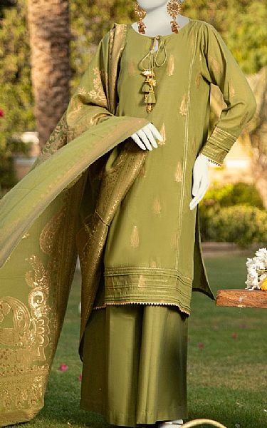 Junaid Jamshed Olive Green Jacquard Suit | Pakistani Lawn Dress in USA- Image 1