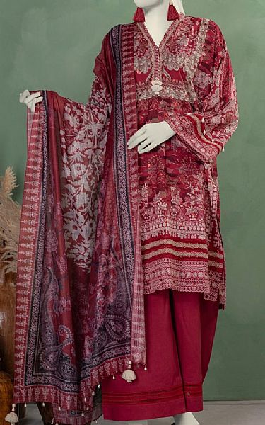 Junaid Jamshed Wine Red Lawn Suit | Pakistani Lawn Dress in USA- Image 1