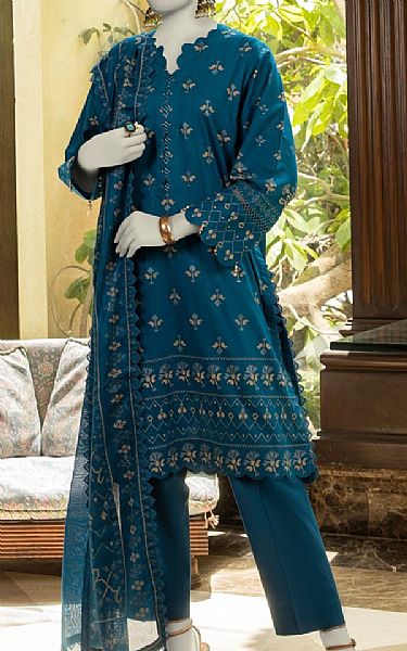 Junaid Jamshed Teal Blue Lawn Suit | Pakistani Lawn Dress in USA- Image 1