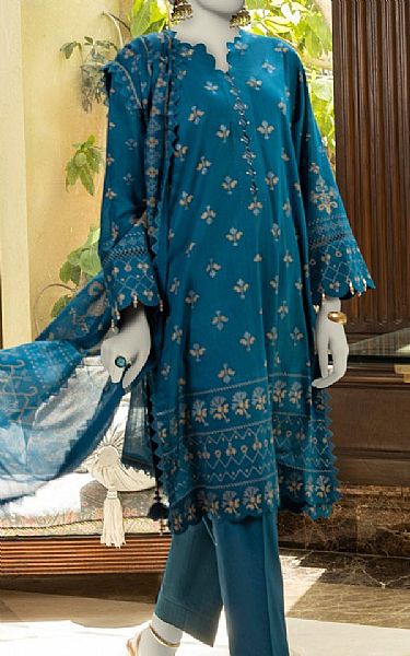Junaid Jamshed Teal Blue Lawn Suit | Pakistani Lawn Dress in USA- Image 2