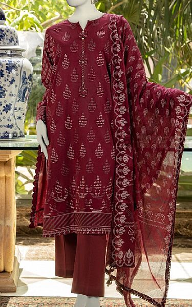Junaid Jamshed Wine Red Lawn Suit | Pakistani Lawn Dress in USA- Image 1