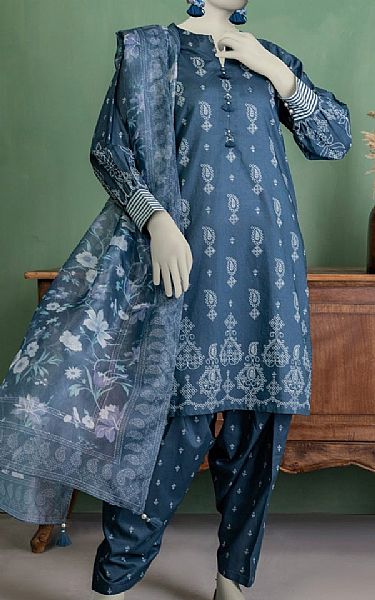 Junaid Jamshed Dull Blue Lawn Suit | Pakistani Lawn Dress in USA- Image 1
