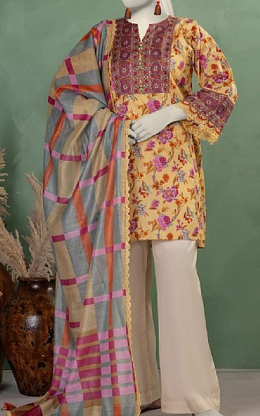 Junaid Jamshed Sand Gold Lawn Suit (2 pcs) | Pakistani Lawn Dress in USA- Image 1