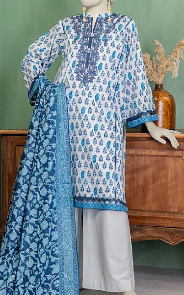 Junaid Jamshed Off White/Blue Lawn Suit | Pakistani Lawn Dress in USA- Image 1