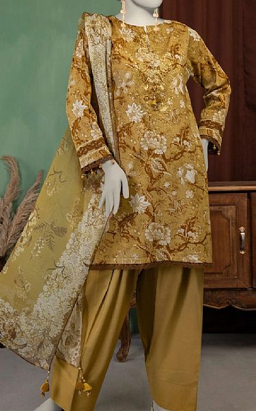 Junaid Jamshed Sand Brown Lawn Suit | Pakistani Lawn Dress in USA- Image 1