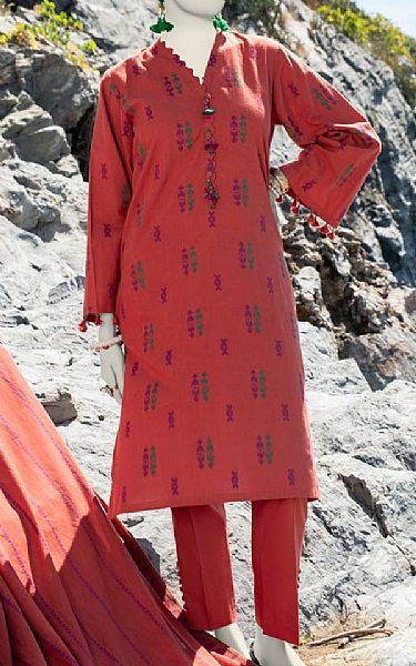 Junaid Jamshed Dull Red Jacquard Suit | Pakistani Lawn Suits- Image 1